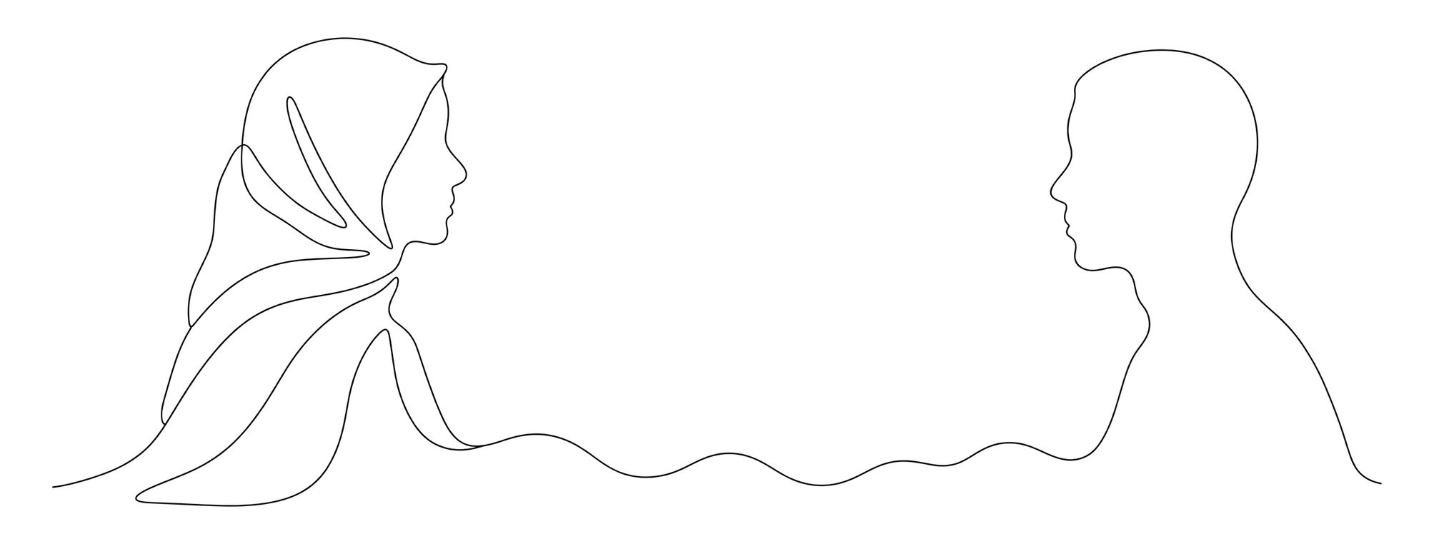 Line drawing of two profiles, a woman in a headscarf and an uncovered figure, connected by a single line.