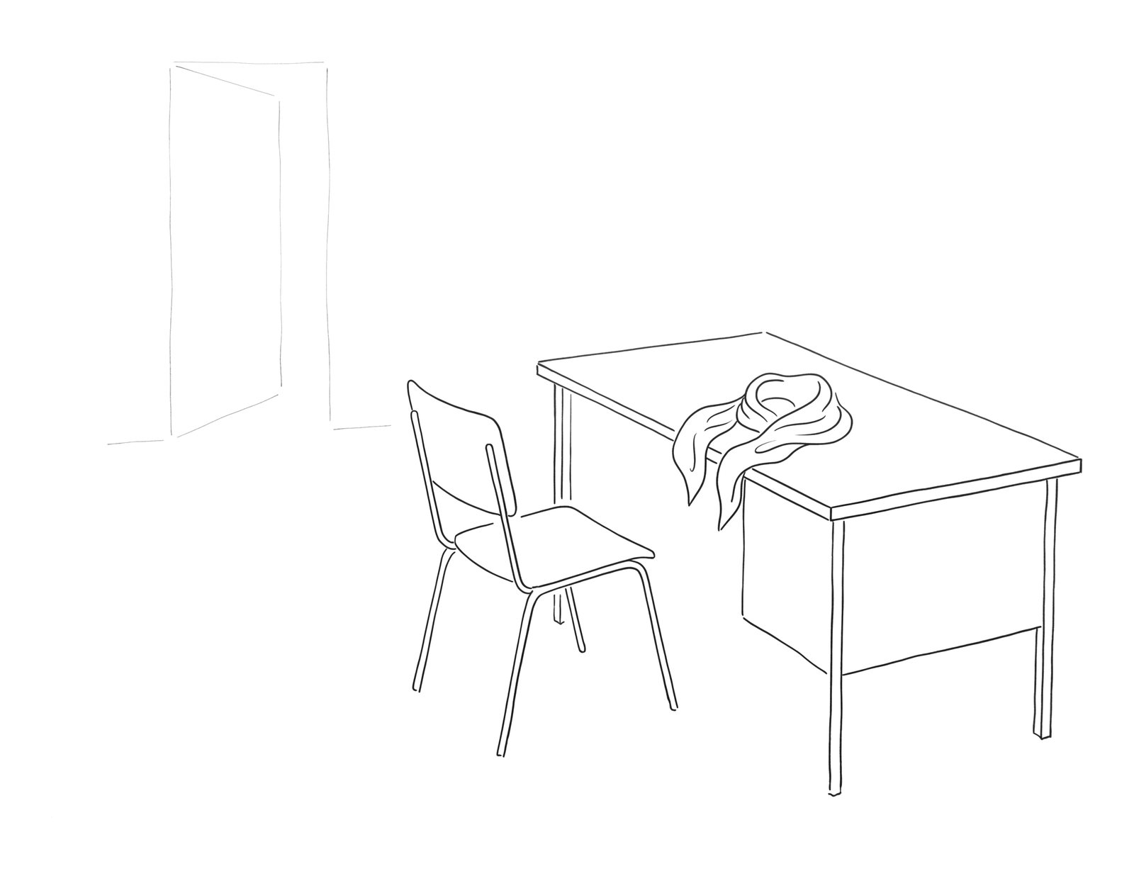 Lijntekening: een leeg bureau met een stoel; op het bureau ligt een opgevouwen hoofddoek, op de achtergrond een half open deur.