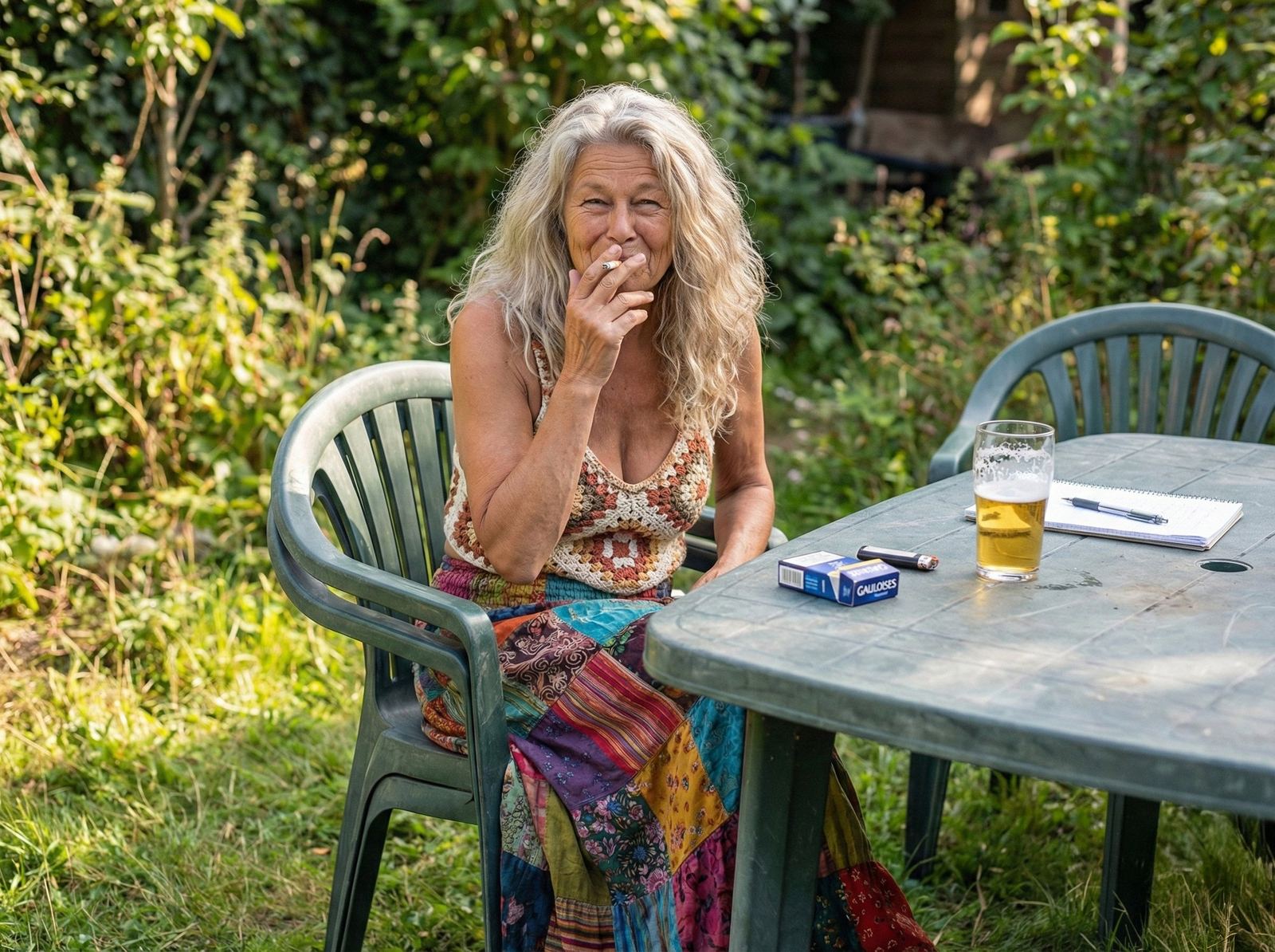 Miet Kerbusch aan de tuintafel in Broeckdael met een glas bier, een pakje Gauloises en een schrijfblok