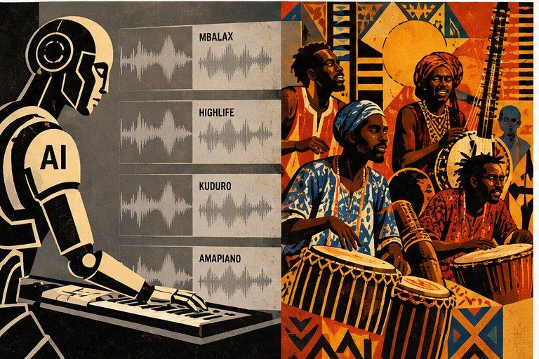 A robot at a keyboard turning mbalax, highlife, kuduro and amapiano into identical waveforms