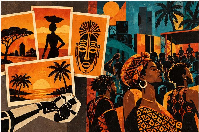 A robotic hand holding sunset and mask postcards next to a crowded, colorful African club night