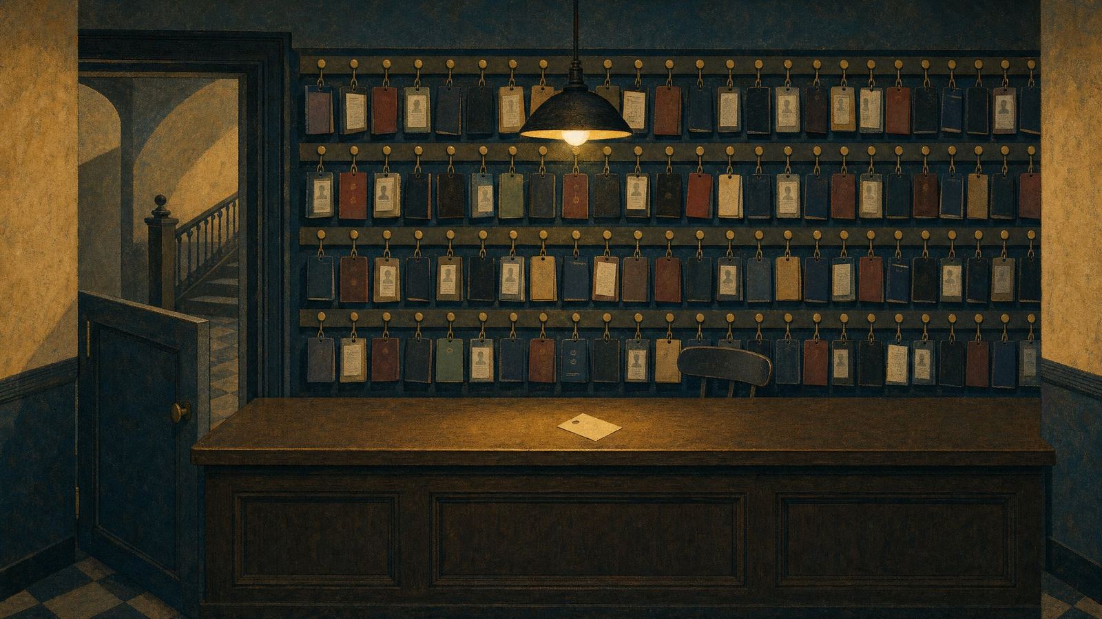 An empty cloakroom counter; behind it, passports and ID cards hang on numbered hooks.