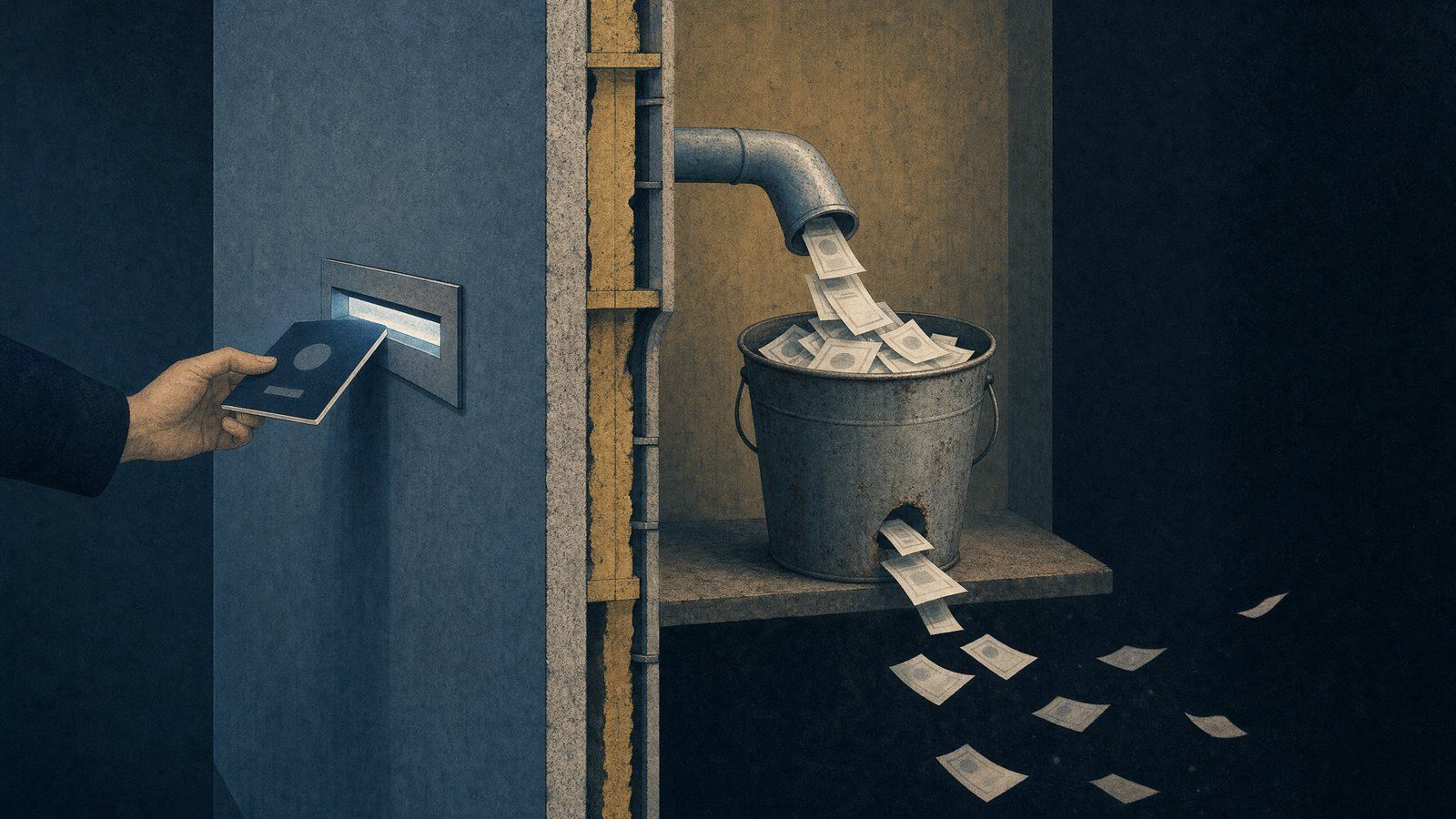Illustration: a hand feeds a passport into a slot in a wall. In a cut-away behind the wall, the copies pour from a pipe into a bucket with a rusted hole, and drift out into the dark.