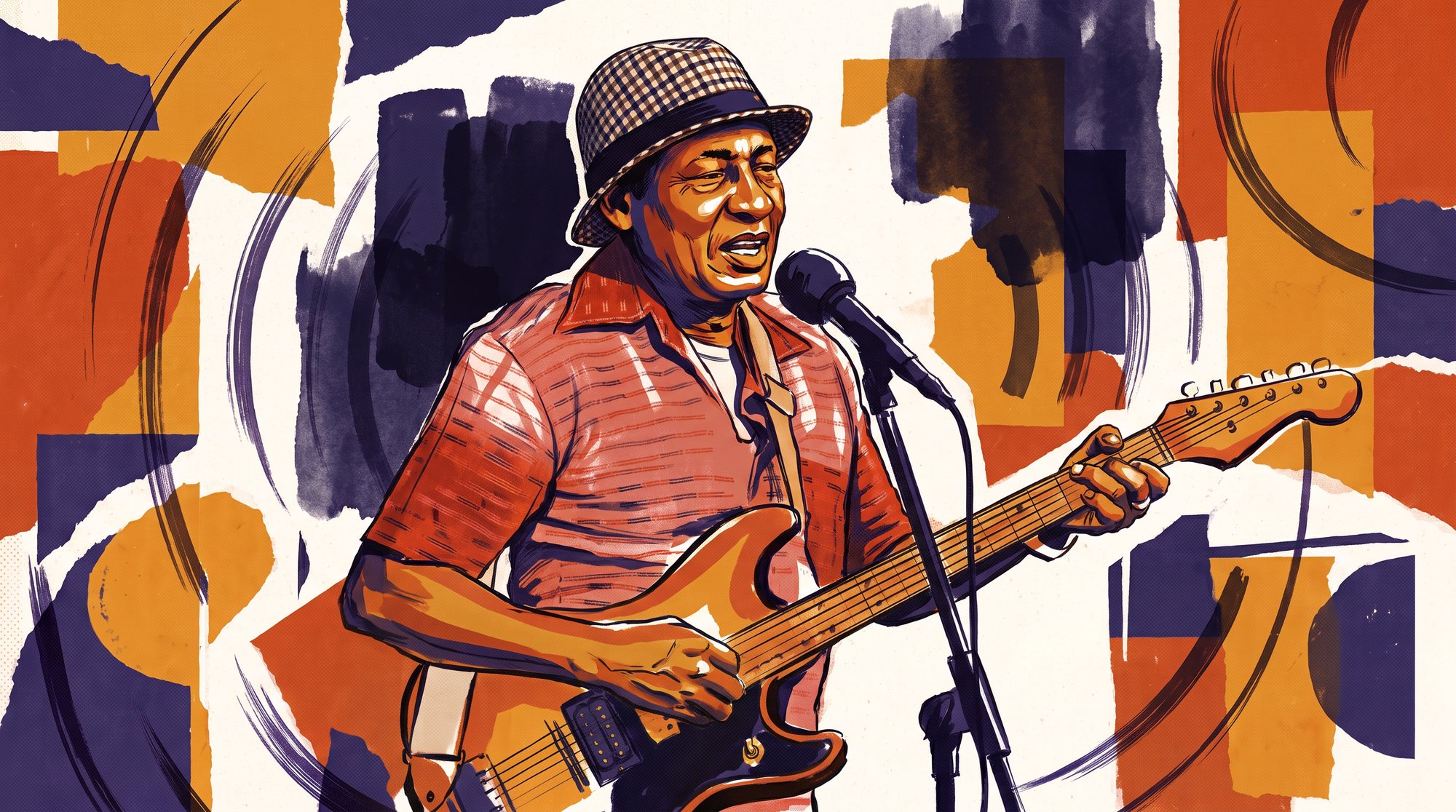 Ebo Taylor sur scène, chantant au micro avec une guitare électrique, dans une illustration en papier déchiré orange, ambre et indigo.