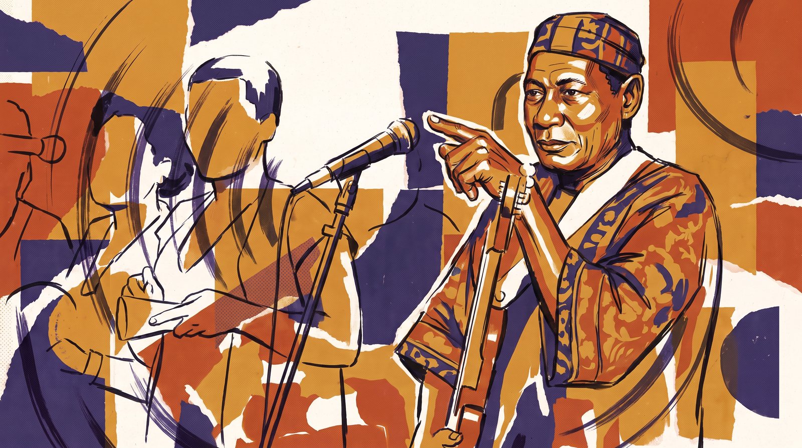 Illustration : un chef d’orchestre en boubou et calotte imprimés désigne ses musiciens, esquissés à grands traits derrière un micro.