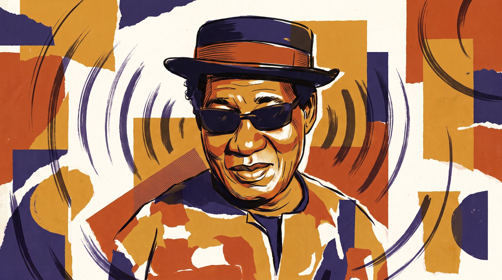 Illustration : portrait d’Ebo Taylor, chapeau et lunettes noires, entouré d’ondes sonores indigo.