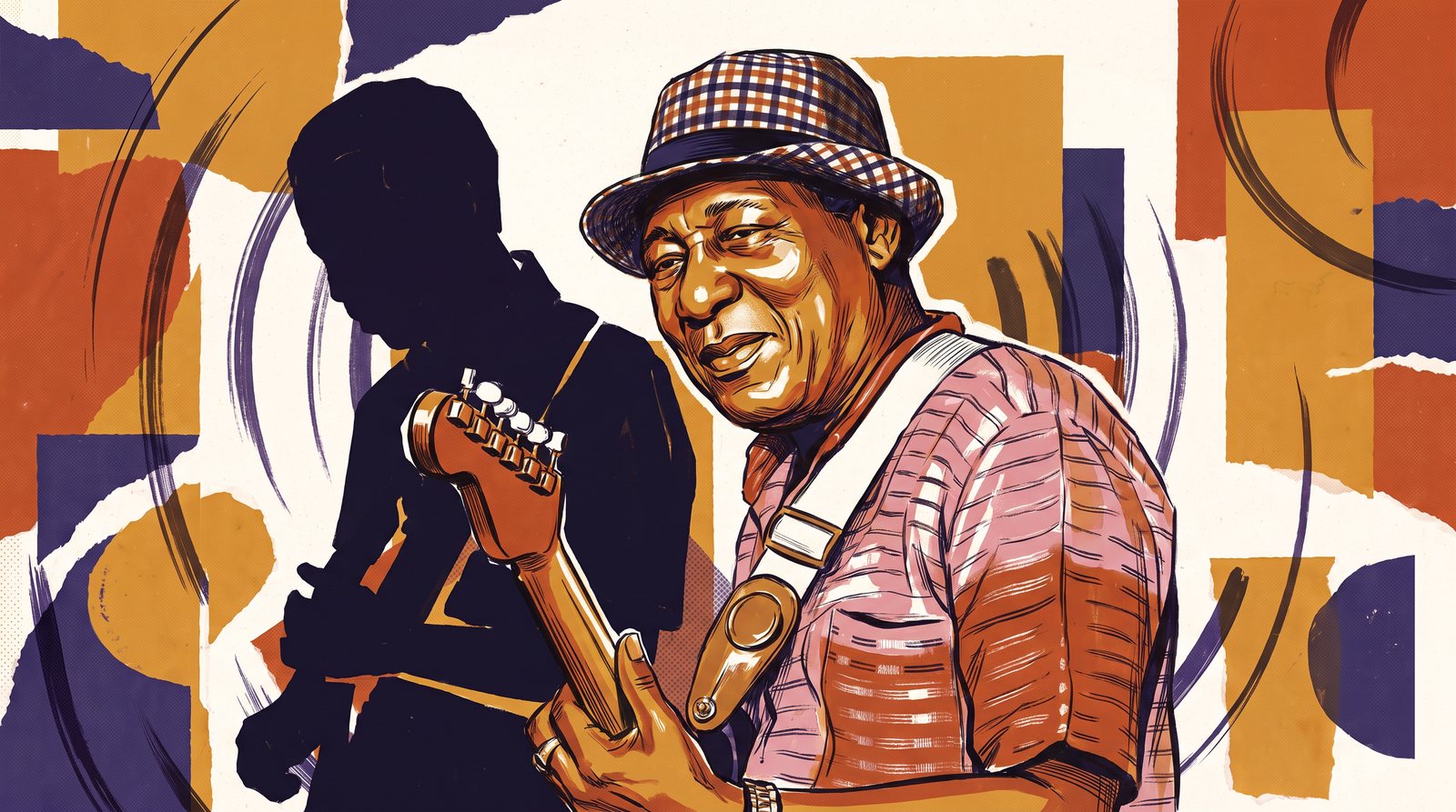 Illustration : Ebo Taylor, chapeau à carreaux, regarde par-dessus son épaule, guitare en main ; derrière lui, la silhouette sombre d’un guitariste.